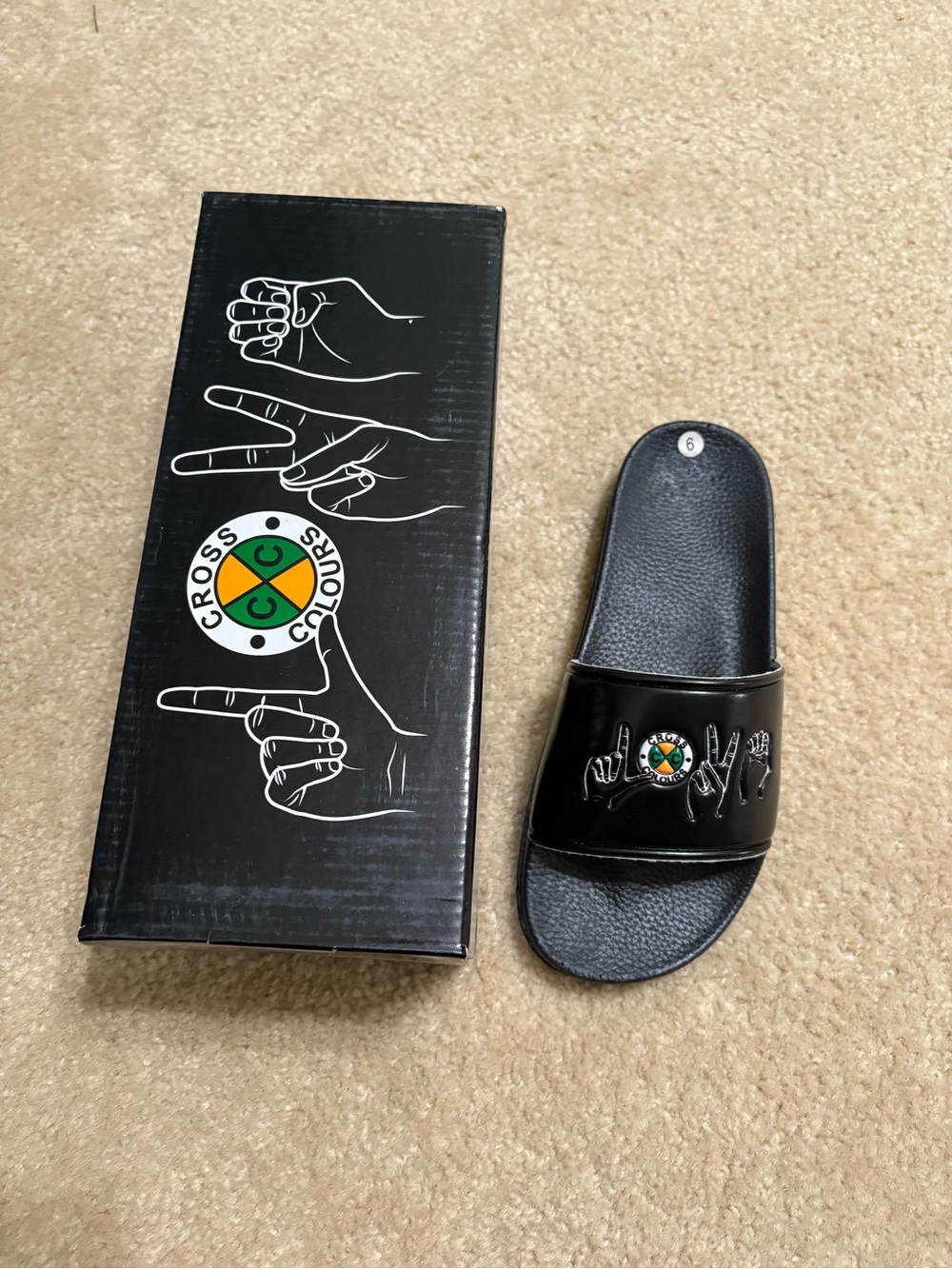 Size 9 - Cross Colour Love Sign Language Slides Sandals Black